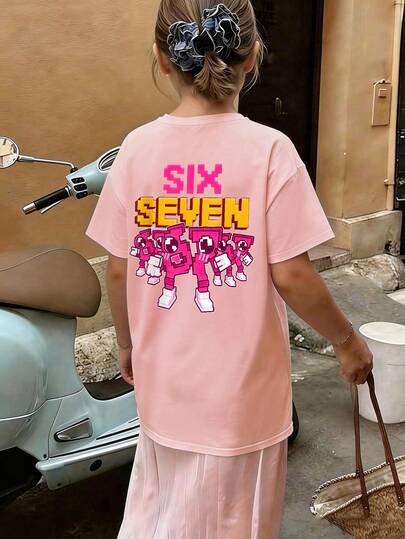 女童卡通“67”图案圆领短袖T恤，舒适柔软，适合多种场合，夏季必备时尚单品