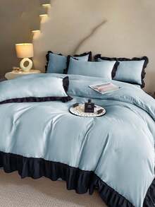 3件套纯色荷叶边柔软舒适被套套装（1个被套+2个枕套），适用于卧室和客房 - 薄荷藍 - 查看 2