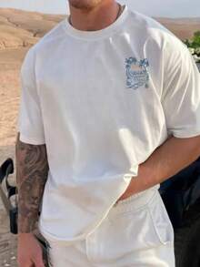男士海滨度假风海岛元素印花短袖T恤，适合夏季穿着，舒适透气，引领时尚潮流 - 白色 - 查看 3