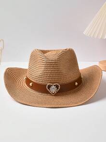 1pc Unisex Wide Brim Straw Hat With Sun Protection Function. Detachable Heart-Shaped Decorative Ribbon, Designed As A Western Cowboy Hat/Cowboy Cap For Summer Beach Use With Sun Protection. Sturdy And Durable Structure, Easy To Fold. - Heart-shaped Pearl Straw Hat - View 6