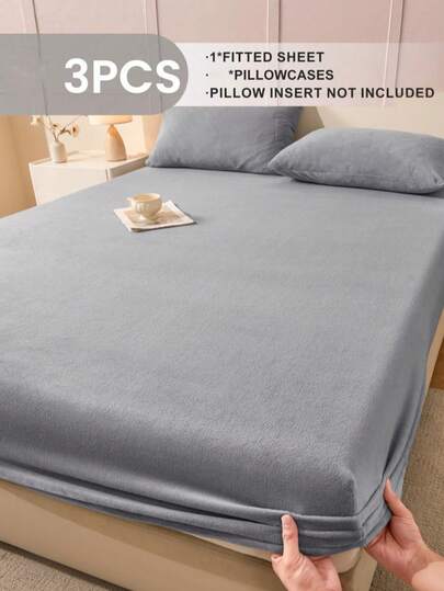 三件套水晶绒床单套装（1张床单+2个枕套），温暖柔软的纯色绒面材质，适用于单人/双人床，亲肤舒适，四季皆宜，宿舍床上用品，可机洗，适合卧室和客房使用。