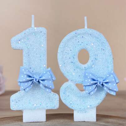 Pastel Blue Dreamy Girl's Heart INS Style Digit Candle, Blue Glitter Bow Decor, Birthday Party Decoration, Romantic Wedding Table Centerpiece, Sweet Cake Photography Prop