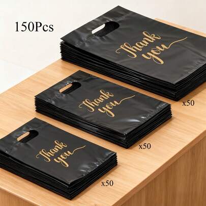 150pcs Black Thank You Plastic Gift Bag Set - Durable, Stylish, Reusable, 3 Sizes (Small, Medium, Large), Suitable For Retail Or Gift Shop Packaging, Gift Bags, Gift Wrapping, Fashionable Packaging, Sturdy Construction, Small With "Thank You" Design