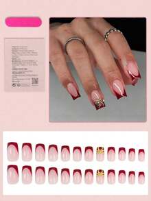 24pcs Medium Square French Tip Nail Stickers, White Color With Rhinestone Bow Decor, Luxury Full Coverage, Suitable For Women & Girls Nails, Charm Dates, Office, Home Parties Nail Supplies - Đỏ - Xem 3