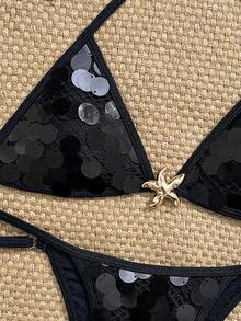 2pcs/Set Sexy Spaghetti Strap Solid Black Sequin Bikini Swimwear, Suitable For Beach Vacation, Music Festivals, Pool Parties, Spring/Summer - Black - View 3