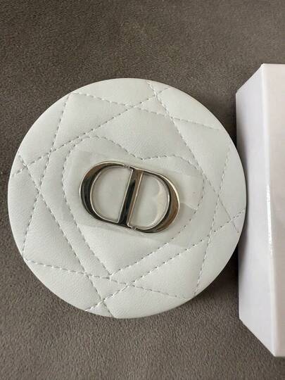 Christian Dior Heart-Shaped Embossed Powder Compact, White With Rhombus Pattern Design, Silver CD Logo, Double-Sided Mirror Design For Convenient Touch-Up