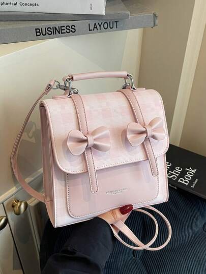 Sweet Japanese Style Women Backpack, Flap Cover Plaid Bow Decor Multi-Function Crossbody Bag For Girls