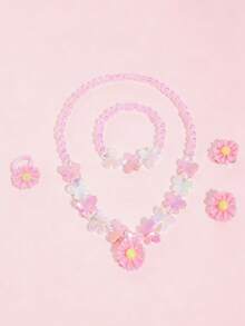 5件套女孩可爱蝴蝶花朵串珠项链、手链、耳环、戒指首饰套装，适合日常佩戴、节日派对、生日礼物 - 均碼 - 查看 5