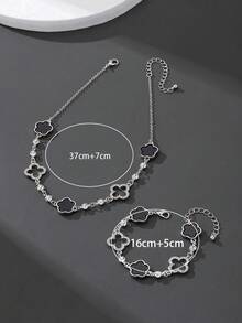 1 Set Luxury Rhinestone Hollow Clover & Flower Pendant Necklace And Bracelet Jewelry Set, Versatile Gift For Her - Black - View 6