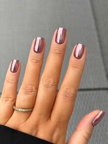 24 uñas postizas cortas de color rosa metálico mate, set de uñas falsas de aplicación con pegamento, estilo salón de manicura en casa, fácil aplicación, arte de uñas - Oro rosa - Ver 1