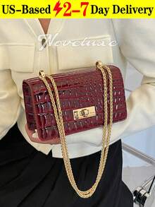 Quilted Diamond Chain Shoulder Bag, Small Square Crossbody Bag, Glossy PU Material, Chain Strap, Metal Lock Clasp Decor - Burgundy - View 1
