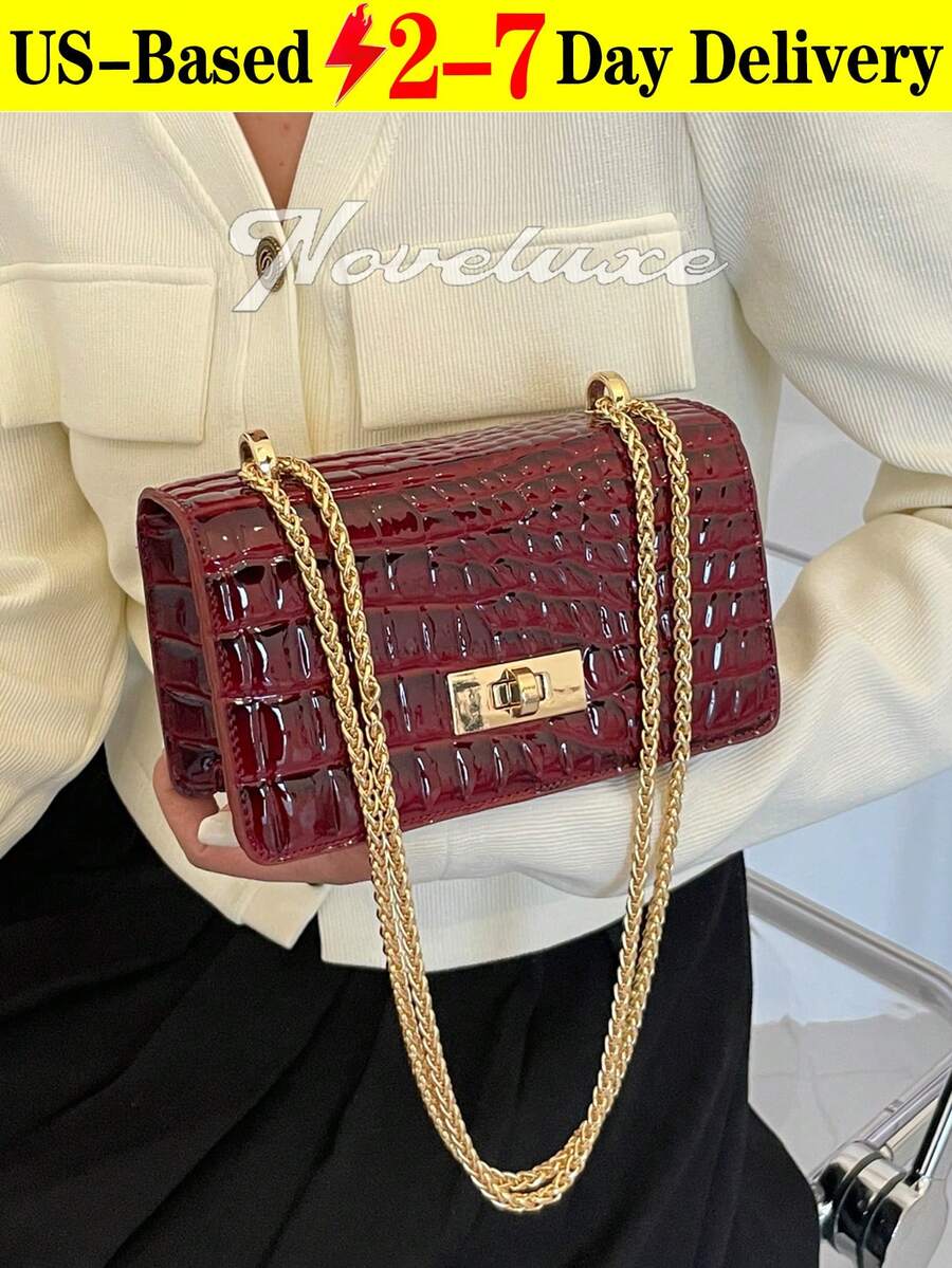 Quilted Diamond Chain Shoulder Bag, Small Square Crossbody Bag, Glossy PU Material, Chain Strap, Metal Lock Clasp Decor - Burgundy - View 1