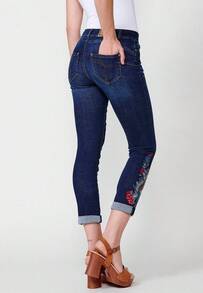 Koroshi Women's Slim Push-Up Denim Trousers With Turn-Up Hem, Embroidered Floral Detail, And Zip And Button Front Closure, Dark Blue, Sizes 34/36/40 - Navy Blue - View 3