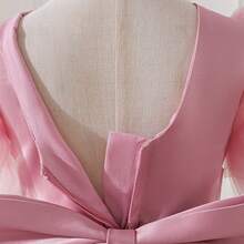 女婴可爱蝴蝶结刺绣拖尾公主薄纱蓬蓬裙，洗礼服，派对礼服，节日礼物 - 粉色 - 查看 10