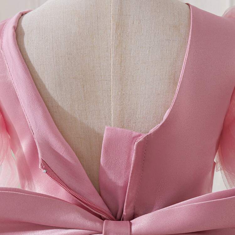 Baby Girls' Cute Bow Embroidered Trailing Princess Tulle Puff Dress, Christening Gown, Party Dress, Holiday Gift - Pink - View 10