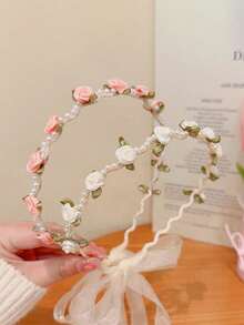 Girls' Sweet Faux Pearl Flower Headband, Fashion Versatile Pearl Ribbon Headband, Suitable For Parties And Daily Wear, Spring/Summer - Multicolor - View 2