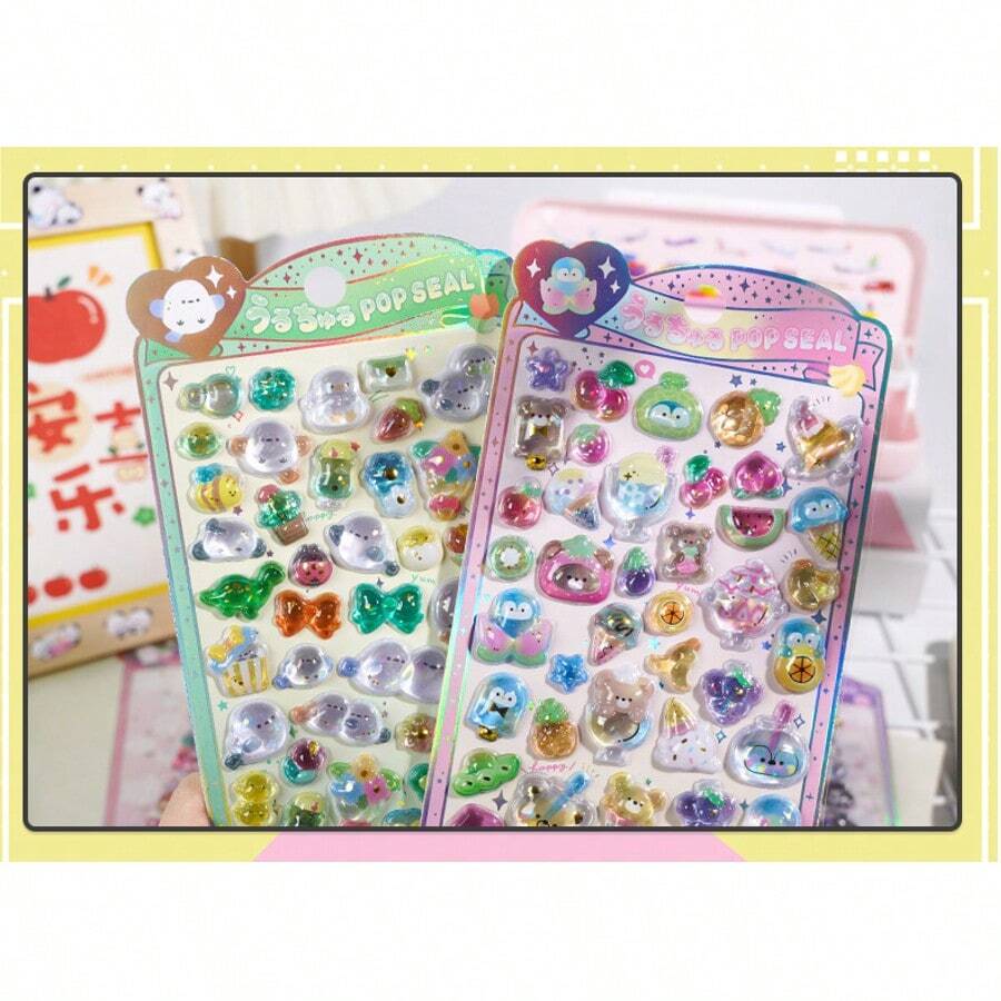 1pc 3D Diamond Embossed Sticker, Strong Adhesive 3D Crystal Cute Animal Sticker, Cat & Puppy Pattern, Handmade Decorative Sticker, Brand New Adorable INS Style Cartoon Sticker - Suitable For Decorating Diary, Phone Case, Desk, Room, Laptop, Etc. - Multicolor - View 1