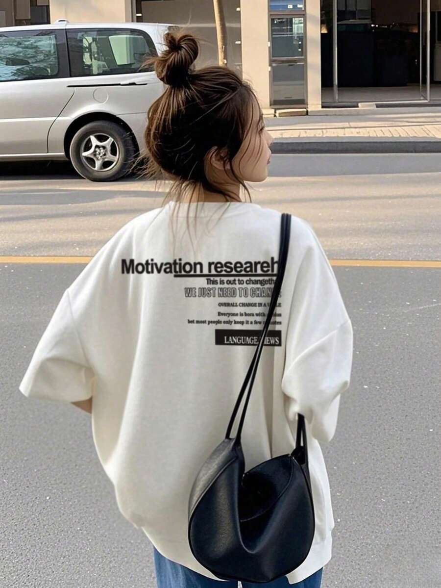 女士休闲宽松字母印花短袖T恤,百搭,春夏白色 - 白色 - 查看 1