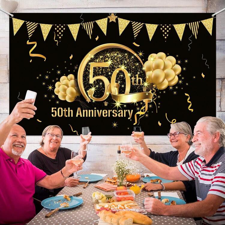 1 tấm banner phẳng 2D, trang trí kỷ niệm 50 năm, tiệc kỷ niệm 50 năm 1975 với nền đen vàng, phông nền chụp ảnh kỷ niệm ngày cưới, sinh nhật, cờ kéo trang trí, không cần nguồn điện. - Nhiều màu - Xem 4