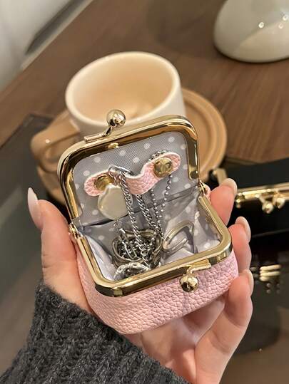 1pc Women's Mini Leather Jewelry Box - Genuine Leather Compact Mini Storage Pouch Coin Purse, Vintage Clasp Design, Portable Ring, Earring And Bracelet Organizer, Great Gift For Women ,Room Decor