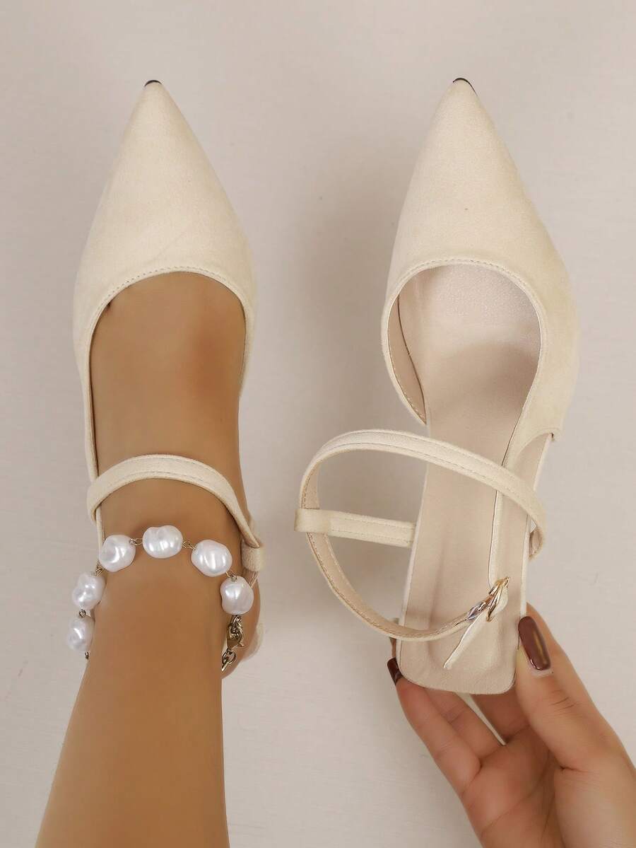 新款尖头细高跟鞋，杏色绒面革尖头高跟鞋，女士夏季珍珠链条露趾凉鞋，单带细跟高跟鞋 - 杏色 - 查看 1