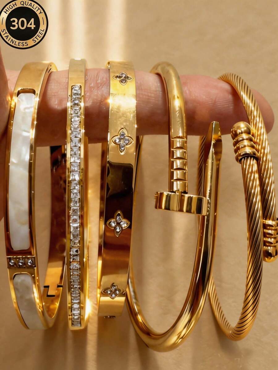 5件套简约优雅奢华闪亮星形手镯，高端钛钢手镯，女士款