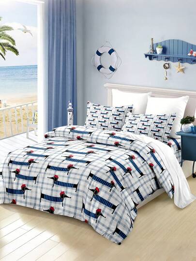 腊肠犬印花三件套床上用品（1个被套+2个枕套，不含枕芯），柔软舒适，适用于卧室、客房、宿舍，提供特大号、大号、标准大号、单人床尺寸。是送给父母、朋友、伴侣的绝佳礼物。