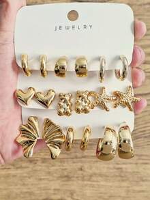6/18pcs Gold-Tone Earring Set - Featuring Unique Starfish, Heart, Teddy Bear, C-Shape Hoops, Paired With Glossy Dome And Teardrop Stud Earrings, Suitable For Daily Wear And Parties - Gold - View 7