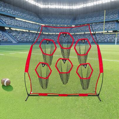 2438.4x2438.4mm Football Trainer Throwing Net, Training Throwing Target Practice Net With 6 Target Pockets, Knotless Net Includes Straps And Portable Carry Case, Improve QB Throwing Accuracy,Red