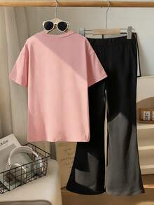 2pcs/Set Cute Heart Pattern Outfit For Girls, Including Graphic T-Shirt And Flared Pants, Soft Comfortable Fabric, Casual Outdoor 2-Piece Set For Teens - Pink - View 3