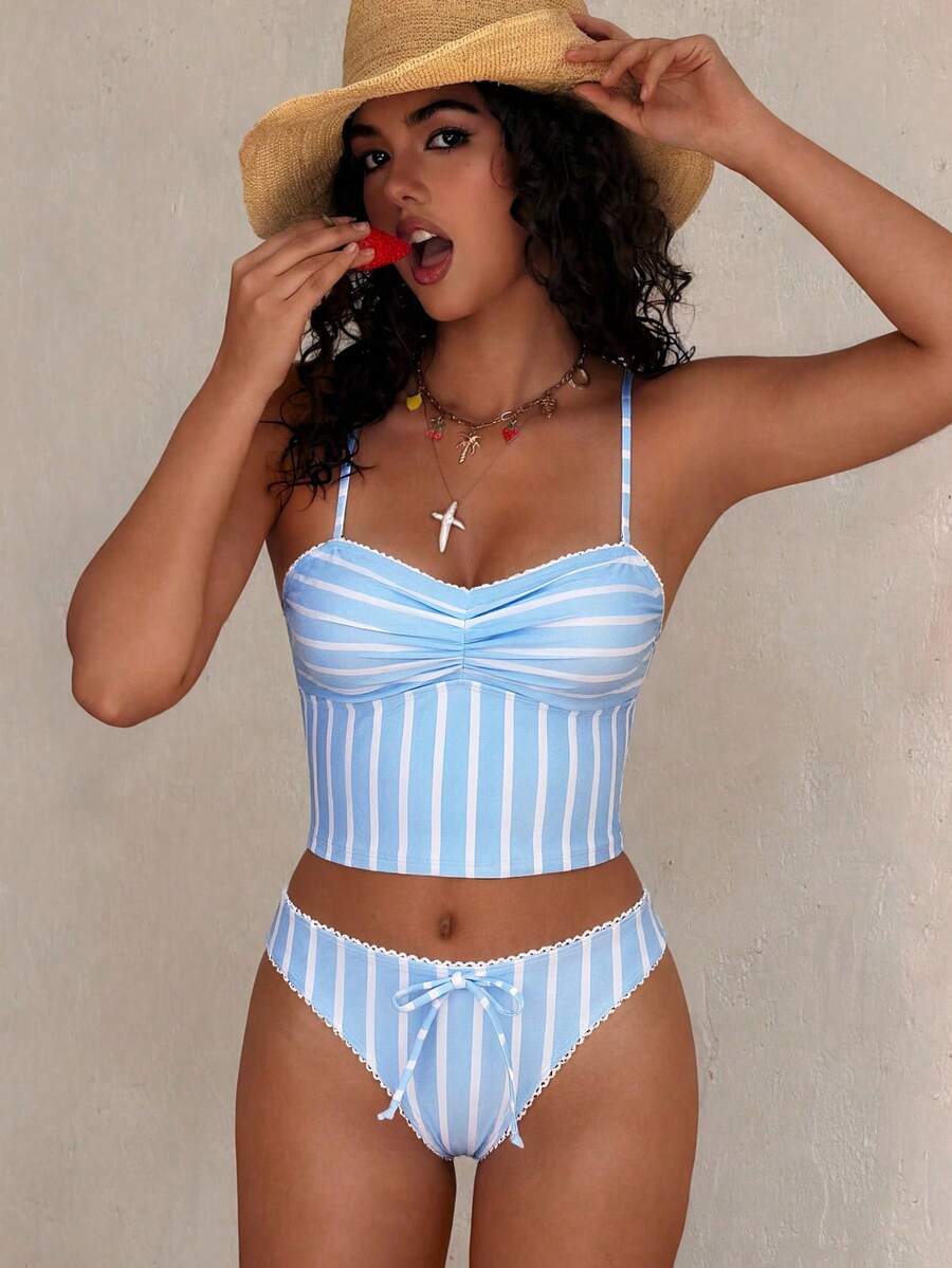 PEPPERMOLLY Light Blue & White Striped Cute Spaghetti Strap Bikini Set - Adorable Lace Trim & Bow Decorated Panty, Slim Fit Swimwear For Beach Vacation Summer - Blue and White - View 1
