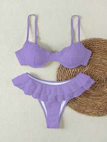 Women's Purple Hollow Out Double Ruffle Trim Bikini Swimsuit Set, Romantic Sexy Beach Vacation 2 Pieces Swimwear, Summer - Purple - View 4