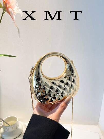 Mini Crescent-Shaped Women's Handbag Shoulder Bag, Fashionable Round Quilted Handle Bag With Chain, Metal Color Decor, Woven Strap Women's Handbag Shoulder Bag, Creative Tote Bag