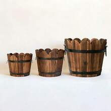 1/3pcs Vintage Wooden Barrel Shaped Planter, Rust-Resistant Indoor/Outdoor Succulent Flower Pot, Rustic Style Wooden Planter - Wavy Mouth - View 8