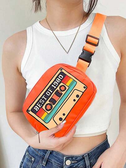1pc Vintage Cassette Tape Print Crossbody Chest Bag - Vintage 80s Nostalgic Design,Waterproof Outdoor Sport Crossbody Bag,Chest Bag, Sports Bag,Adjustable Strap & Zipper Closure, Unisex Shoulder Bag For Men & Women, For Phone, Wallet, Keys, For Running, Travel, Gym, Festival, Daily Casual Use,Fashion Lovers,Travel Essential,Artistic Lovers,Nostalgic Decor,Ideal Birthday Gift, Wedding Gift, Event Gift, Party Gift, Valentine's Day Gift, Easter Gift
