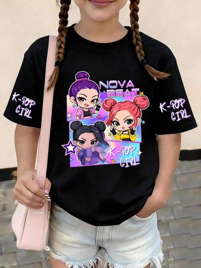 Tween Girl Short Sleeve T-Shirt, Featuring Cute Cartoon Girl Group Pattern - Casual Loose, Sporty Short Sleeve, Round Neck Girls Tee - Perfect Summer Gift, Suitable For Spring/Summer Wear At School And Outdoor