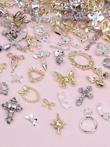 50件装 Y2K 金银混合蝴蝶、心形、十字架美甲装饰品，美甲饰品，DIY 美甲配件，美甲宝石，美甲用品 - 彩色 - 查看 3