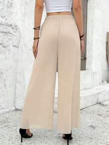 Women's Pleated Wide Leg Pants, Polyester Material, Non-Stretch, Semi-Sheer Summer - Apricot - View 4