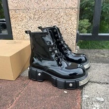 Men's Fashion Cyber Punk Style High-Top Chunky Boots Black Patent Leather With Side Zipper Motorcycle Short Boots For Man Thick Sole Vintage Leather Boots - 黑色 - 查看 11