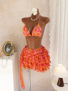 三件套女士比基尼套装，热带花卉印花，三角上衣，系带泳裤，网纱荷叶边迷你裙，时尚夏季海滩度假泳装 - 彩色 - 查看 4