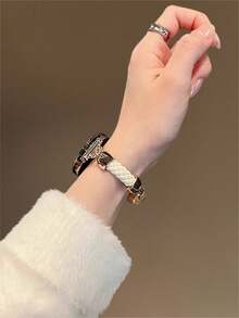 18mm, 20mm, 22mm Braided Rhinestone Genuine Leather Watch Band, Adjustable Length, Compatible With Samsung Galaxy, And Other Brands, Soft And Breathable - Gold and White - View 3