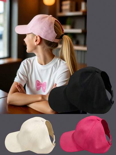 1顶高马尾棒球帽，女童款 - 透气速干，大开口，防晒，不易起皱，青少年运动帽