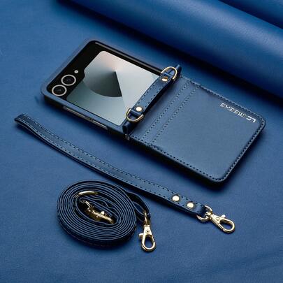 OUKNOEO Fashion Business Faux Leather Phone Case Compatible With Samsung Galaxy Z Flip 7 Fe 6 5 4 3 With Long Lanyard 2 Card Slot Capacity Anti-Theft Brush Wallet Cover