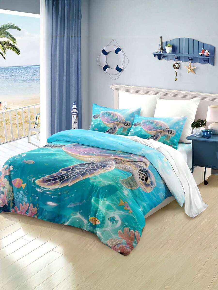 3件套海龟印花床上用品(1个被套+2个枕套,不含被芯/枕芯),柔软舒适,适用于卧室、客房、宿舍,提供特大号、大号、标准大号、单人床尺寸。可拆卸机洗,四季皆宜。 - 彩色 - 查看 1