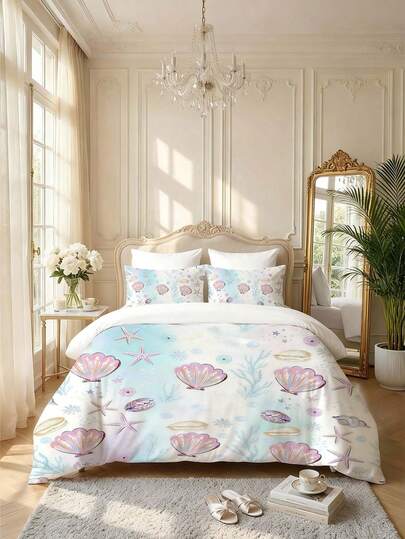 3pcs Ocean Theme Printed Duvet Cover Set (1 Duvet Cover + 2 Pillow Shams, Without Comforter/Pillow), Bedding Set With Shell And Starfish Patterns, Soft And Comfortable For Bedroom, Guest Room, Dorm, Available In Super King, King, Queen, Twin Sizes. Removable And Machine Washable, Suitable For All Seasons