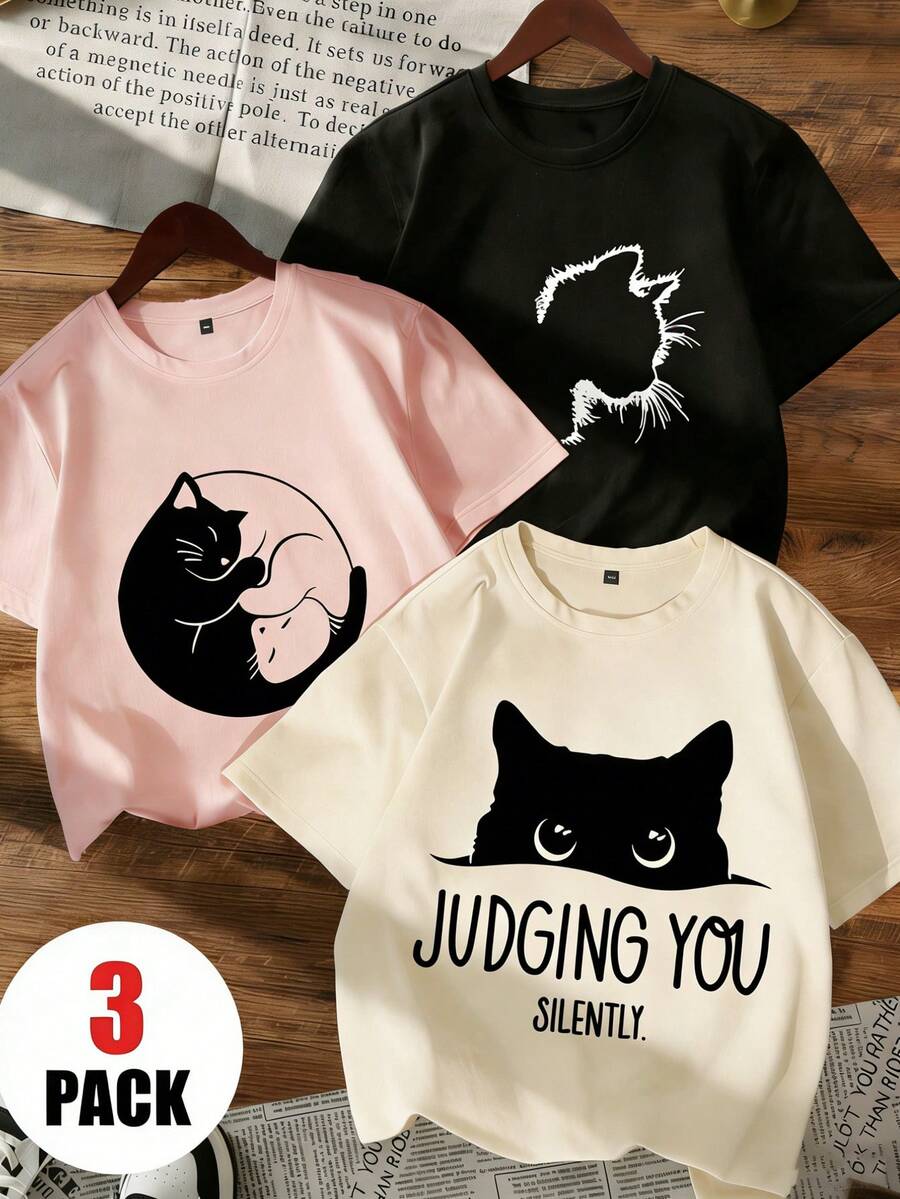3件套少女猫咪卡通印花短袖T恤,适合少女夏季穿着,学生服装 - 彩色 - 查看 1
