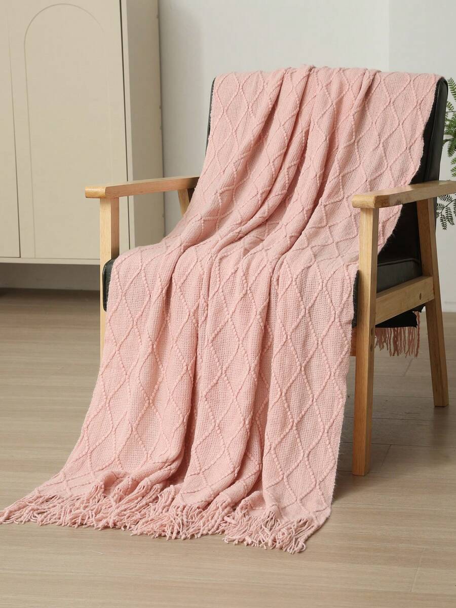 1 Diamond Grid Textured Knit Throw Blanket, Soft And Comfortable, Suitable For All Seasons, Suitable For Sofa, End Of Bed, Travel, Home Decor - Mixed Color Geometric Pattern, Acrylic Fabric - Diamond-shaped Scarf Pink - View 1
