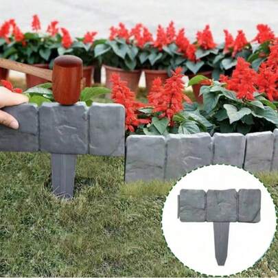 1/5/10件装塑料仿石围栏，草坪边缘花坛边缘仿石花园围栏，用于花园装饰（灰色）