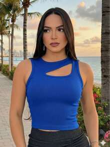 Women's Ribbed Cropped Top With Bust Cutout - Comfortable, Casual, Versatile,  Spring/Summer Fashion - Royal Blue - View 1
