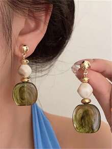 1 Pair Retro Asymmetric Tie-Dye Acrylic Long Pendant Earrings, European And American Style, Suitable For Party, Banquet, Travel, Wedding, Daily Wear, Jewelry Gift - Multicolor - View 4